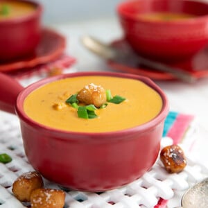 Beer Cheese Soup in a maroon colored ceramic bowl with handle
