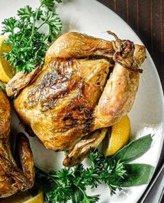 Overhead view of Cornish Game Hens on a white plate with fresh herbs and lemon slices surrounding them