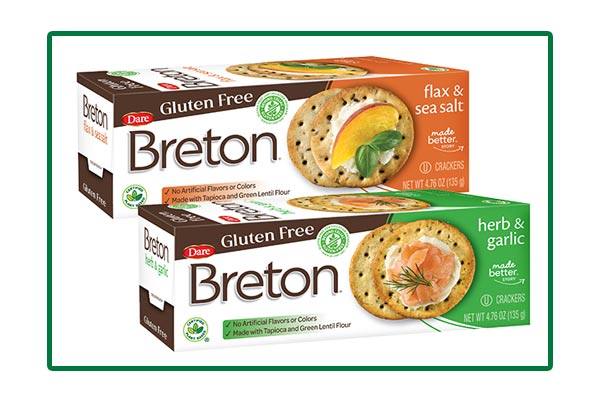 Two cartons of Breton Plant-Based Crackers on a white background