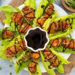 Overhead view of Chicken Lettuce Wraps fanned out in a circle around a ramekin of sauce on a white plate with gray background