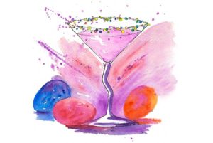 Watercolor illustration of Easter Basket cocktail with easter eggs and colorful sprinkles around the glass rim