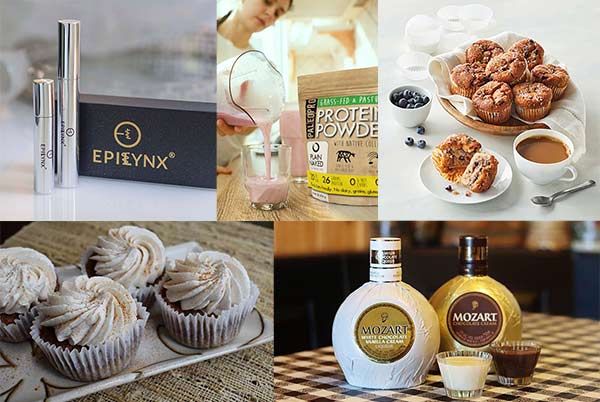 Collage of different gluten-free images representing to treat yourself such as cupcakes and liqueur
