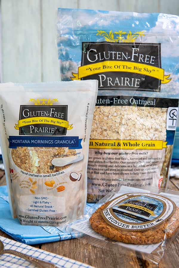 Gluten-Free Prairie Products on a wooden table with blue napkin 