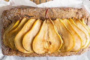 Overhead closeup view of Pear-Buckwheat Bread with pear slices baked into the top of the bread