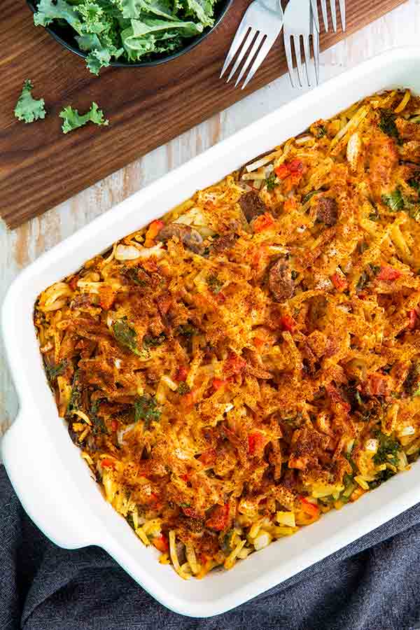 Overhead view of Plant-Based Breakfast Casserole in a white rectangular casserole dish