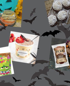 Halloween-Inspired Safe Treats collage of product images over a background with Halloween bats