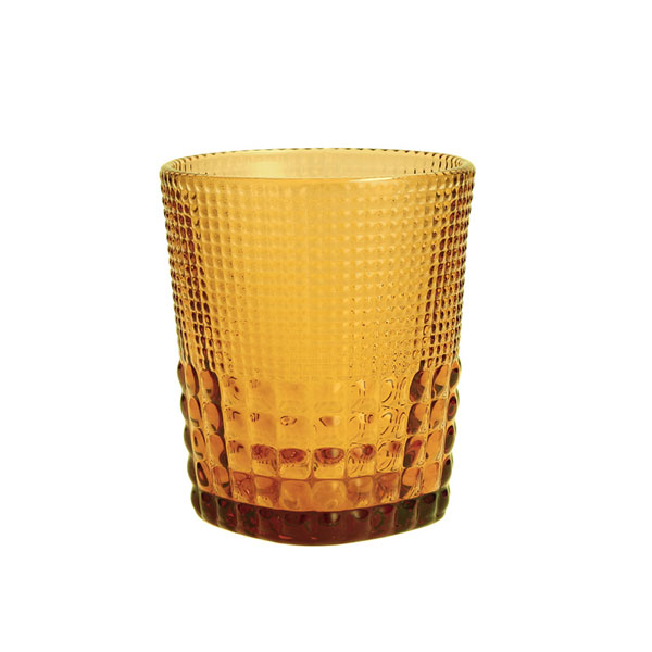 Amber colored Fortessa Glass on a white background