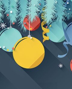 vector image of holiday ornaments hanging off a tree