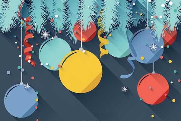 vector image of holiday ornaments hanging off a tree