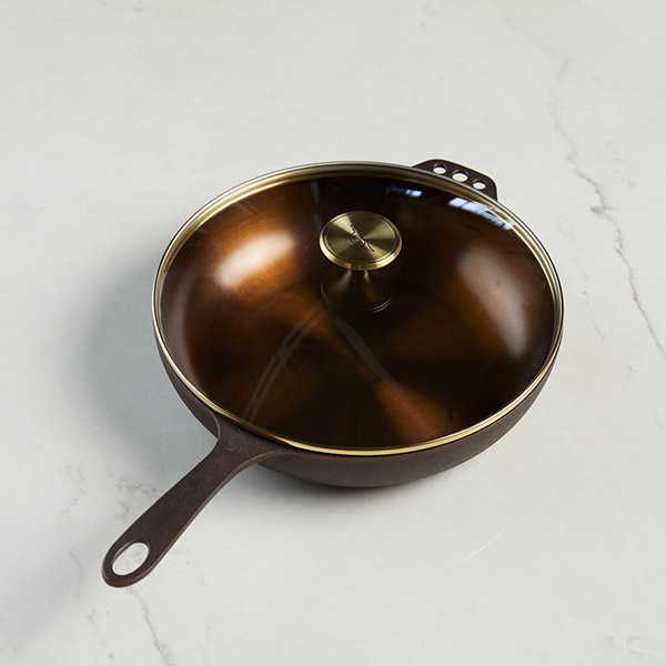 Smithey Skillet on a white marble counter