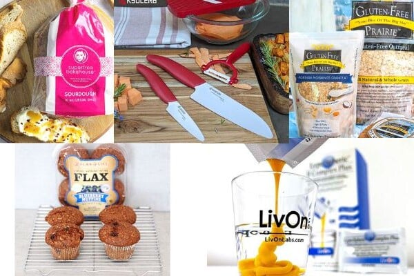 a collage of 5 products breadloaf, flax muffin, knives, oat flour, livOn lab supplement.