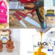 a collage of 5 products breadloaf, flax muffin, knives, oat flour, livOn lab supplement.