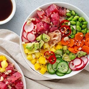 Tuna poke in a white bowl