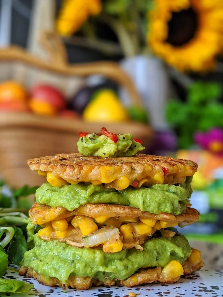 Spicy Sweetcorn Fritters & Guacamole Stack from my gluten free guide